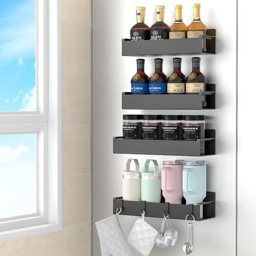 4 Pack Magnetic Spice Rack Organizer for Refrigerator and Oven, Black Fridge Org