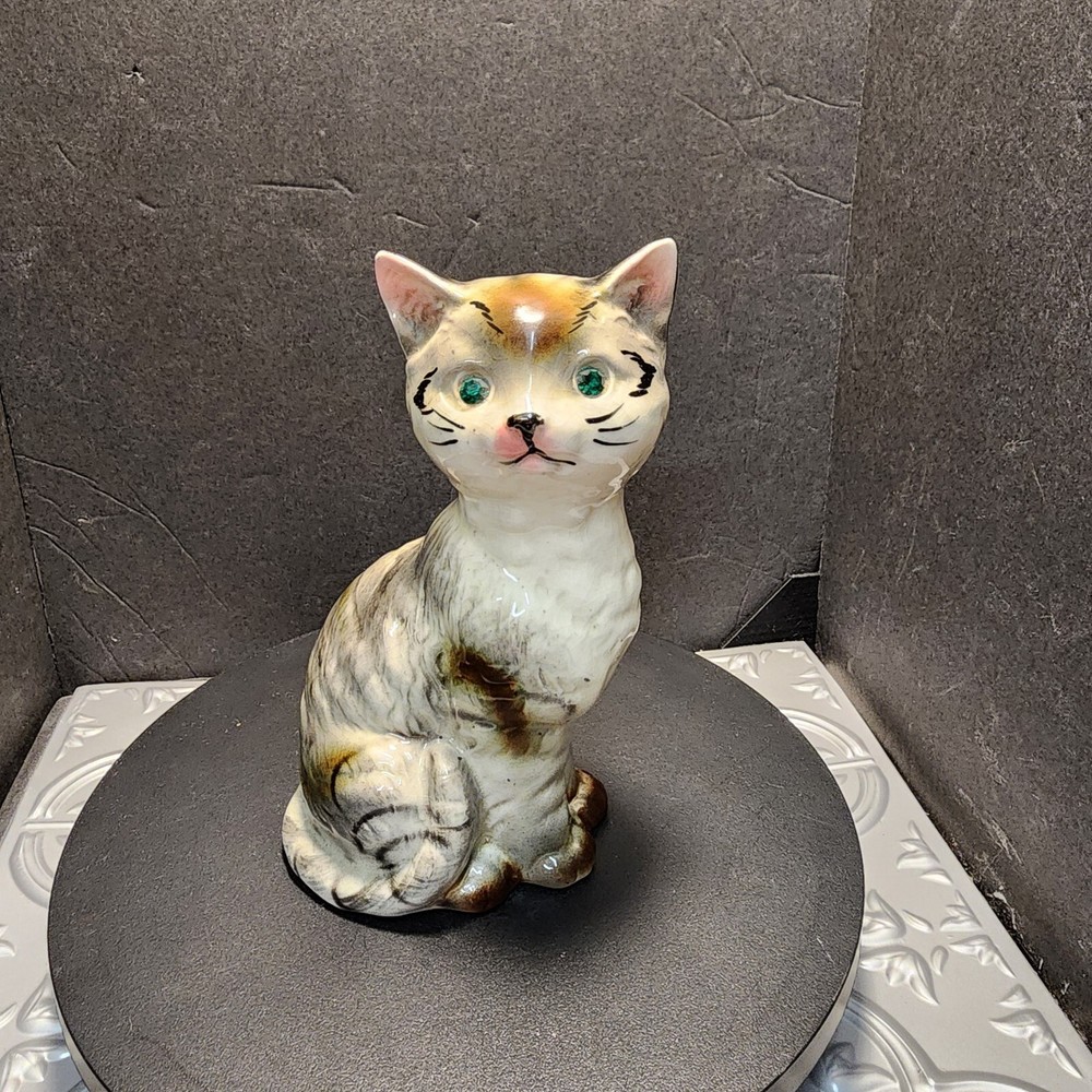 Vintage Cat Figurine 5” Jewled Eyes Fluffy Japan High Gloss Christmas Gift Sale-image