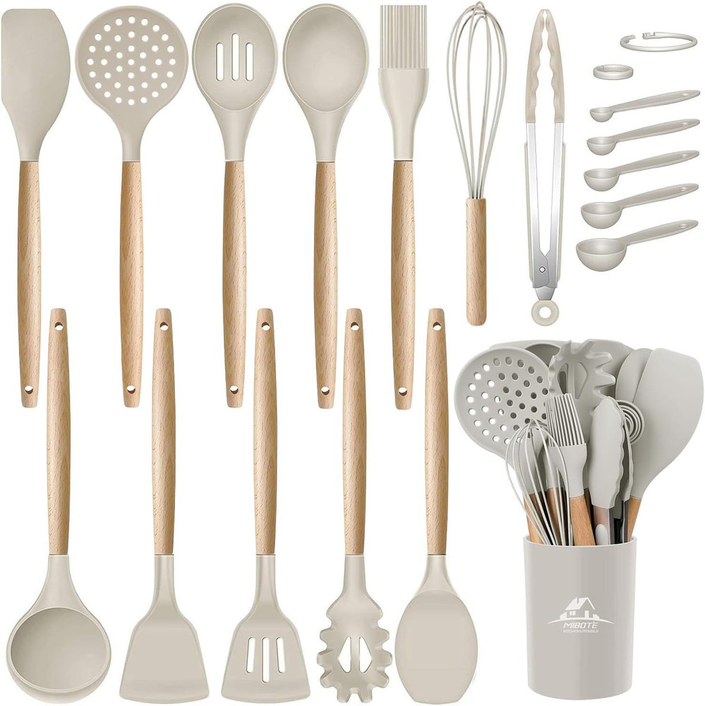 Silicone Cooking Kitchen Utensils Set with Holder, Wooden Handles BPA Free No...