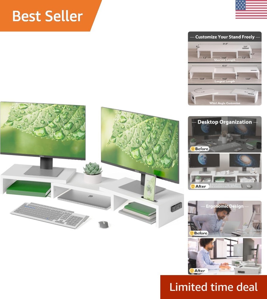 Compact Wooden Dual Monitor Stand with Phone Holder & Cable Management - White