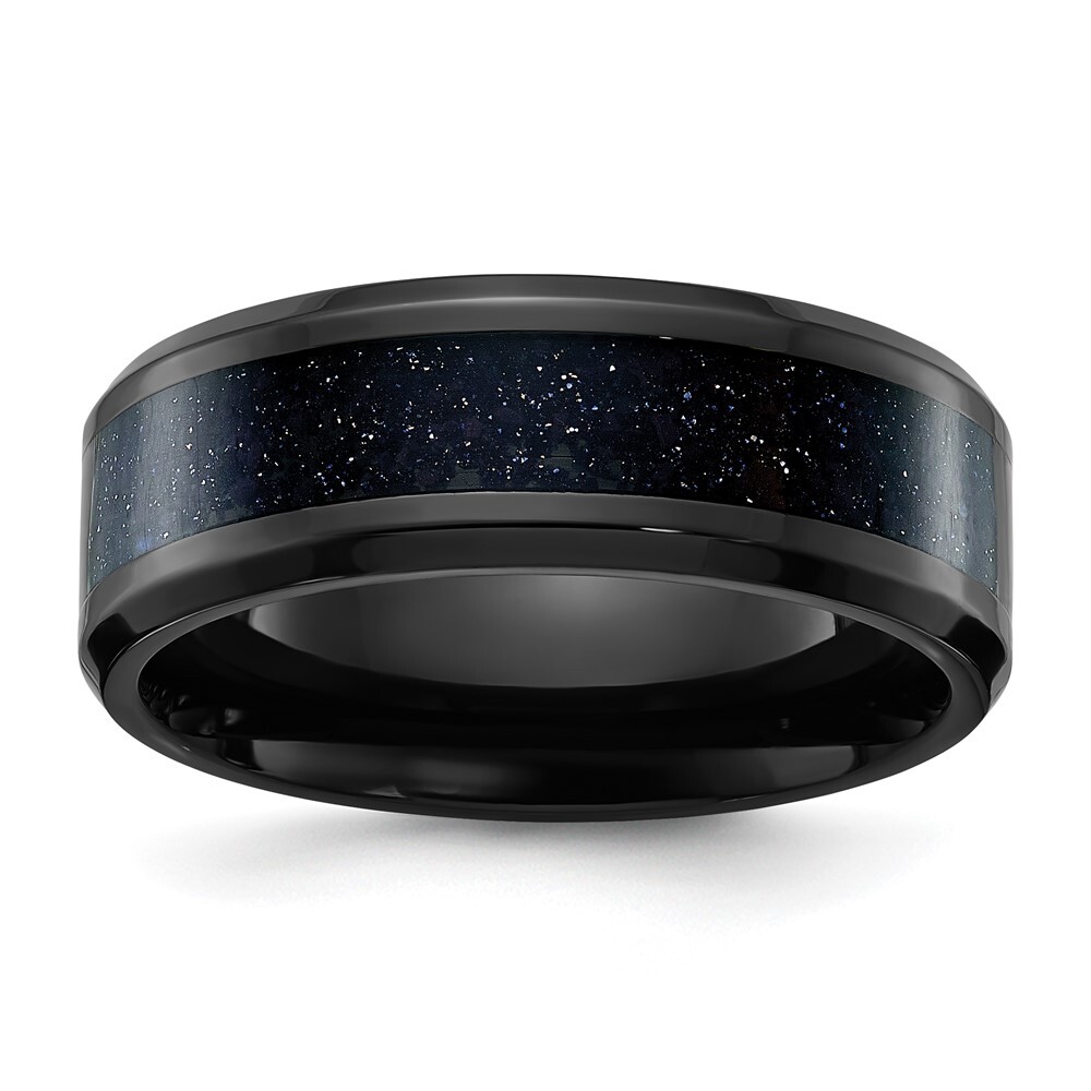 Titanium Black IP-plated with Blue Star Sandstone Inlay 8mm Band Ring Size 10