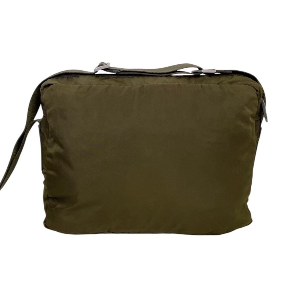 Prada Khaki White Triangle Logo Nylon Shoulder Bag Authentic Excellent