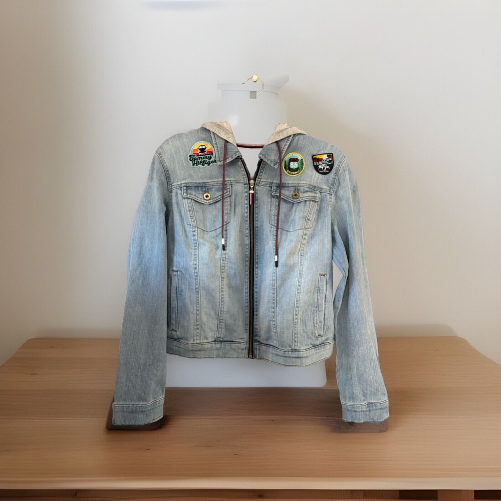 Vintage Tommy Hilfiger Denim Trucker Jacket with Patches 90s Cali Style Size XL Moto