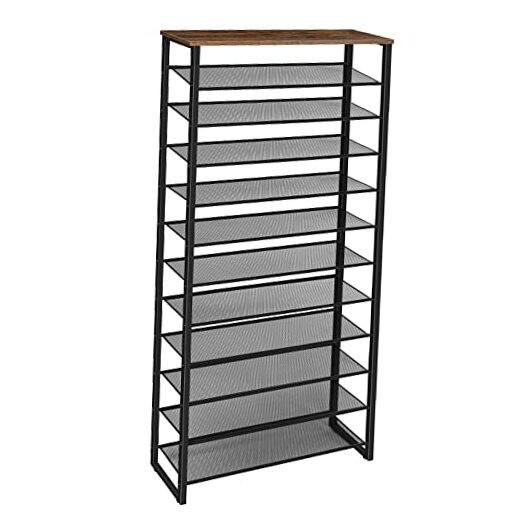 12-Tier Rustic Brown & Black Shoe Rack 29.5 Inch Wide Storage Organizer
