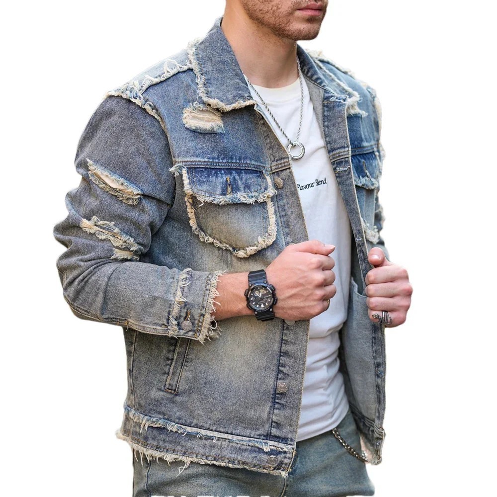 Men's Fashion Distressed Denim Jacket Ripped Raw Hem Casual Jean Trucker Coat