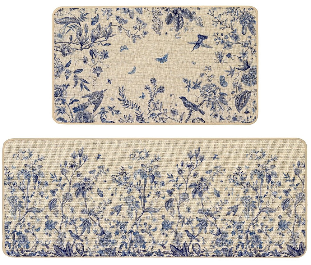Spring Summer Kitchen Mat Set of 2 Blue Floral Hummingbird Non-Slip Rugs for Home Decor