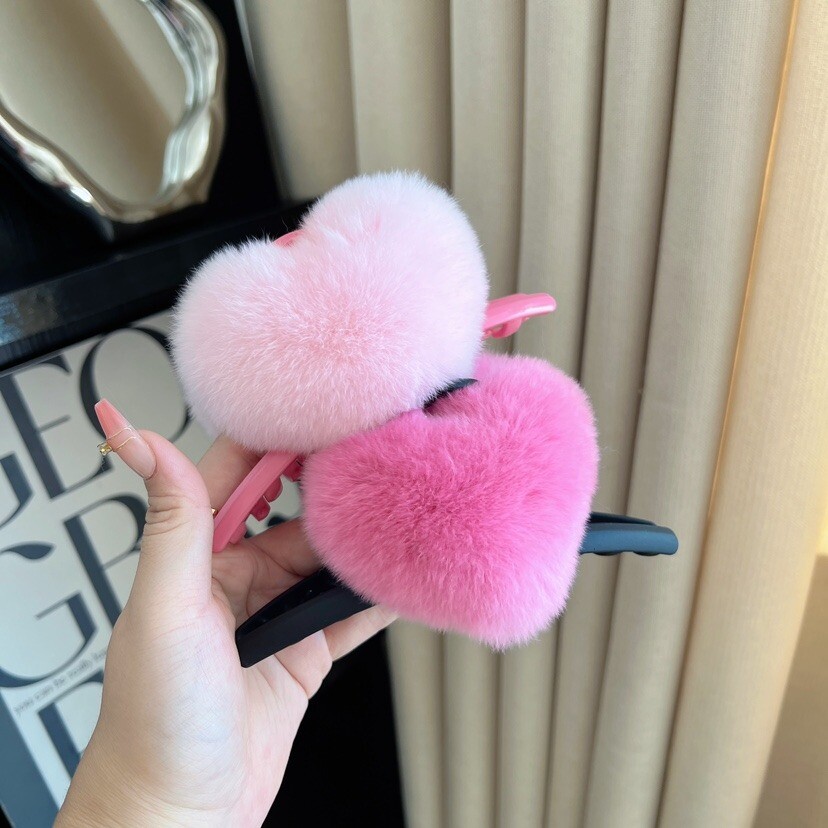 Cute Heart-Shaped Rabbit Fur Hair Clip Barrette for Women