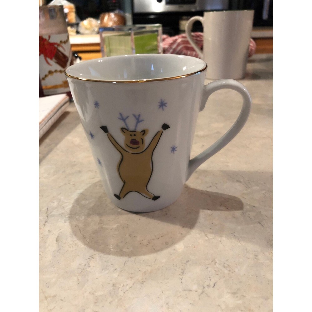 Merry Brite Christmas Mug Happy Reindeer 8oz white with Gold trim