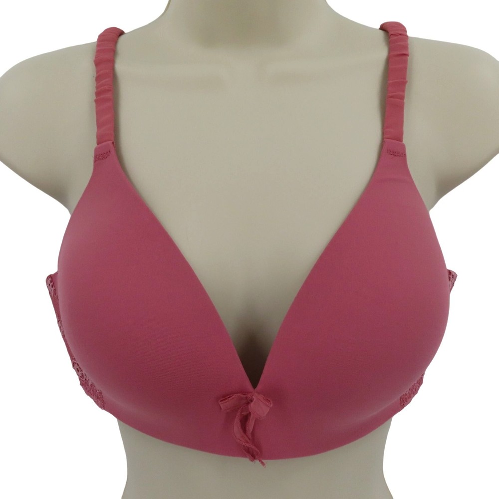 Victorias Secret 34D Ipex Wireless Solid Pink Padded Bra Lace Bow Accent Lined
