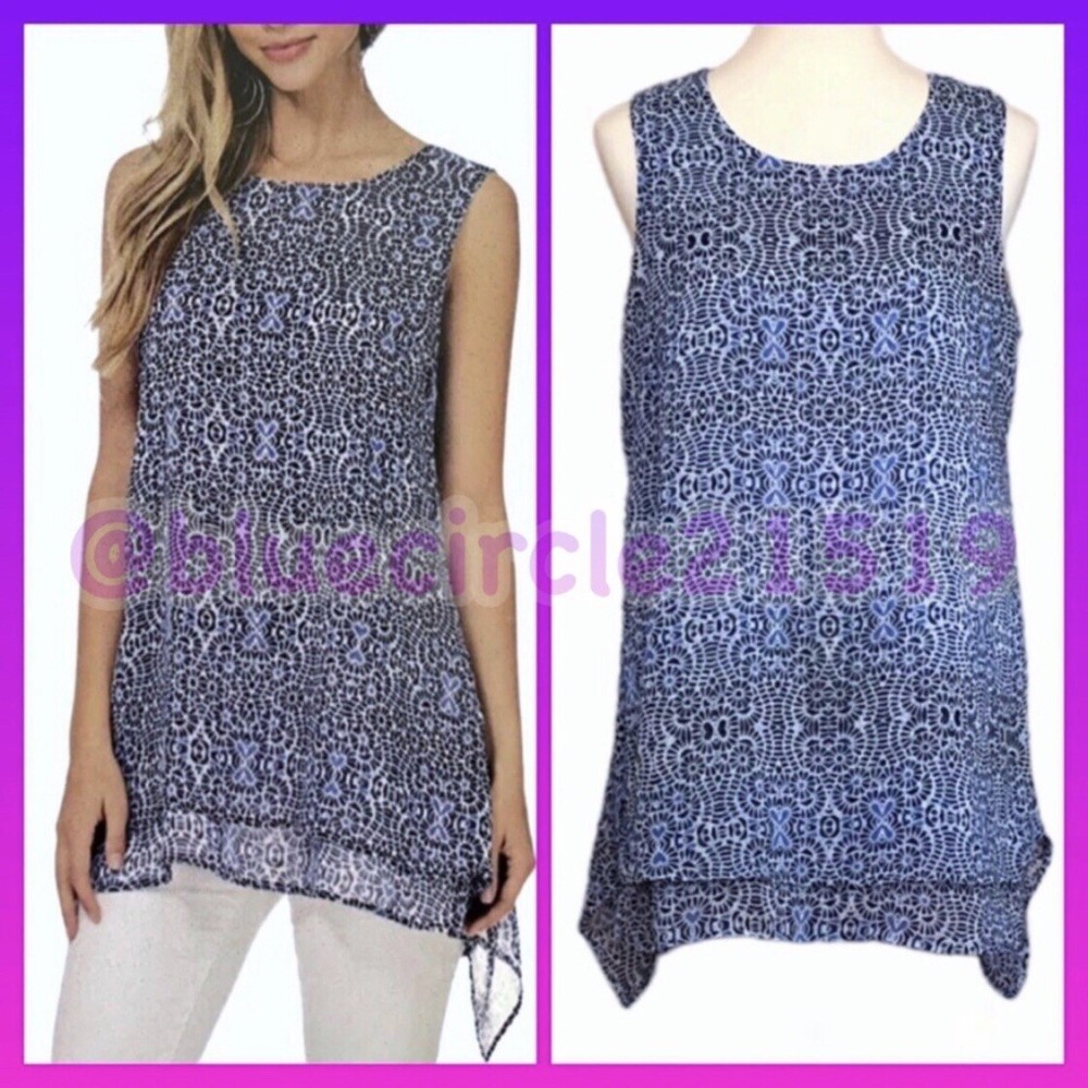 Fever Blue Mosaic Double Layered Sleeveless Blouse Flower Print Size Medium
