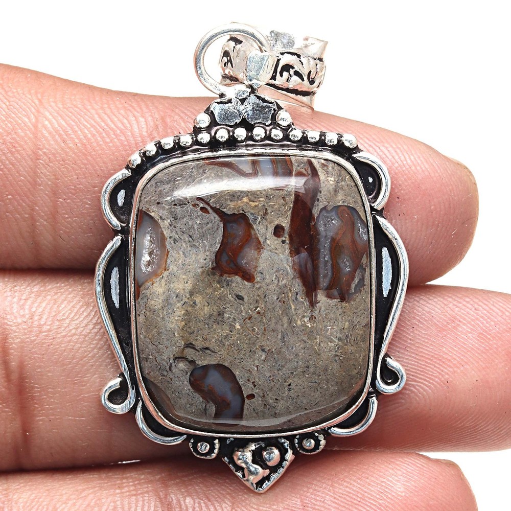 Valentines Day Ethnic Silver Pendant with Rock Calsi Gemstone 2.25 Inch