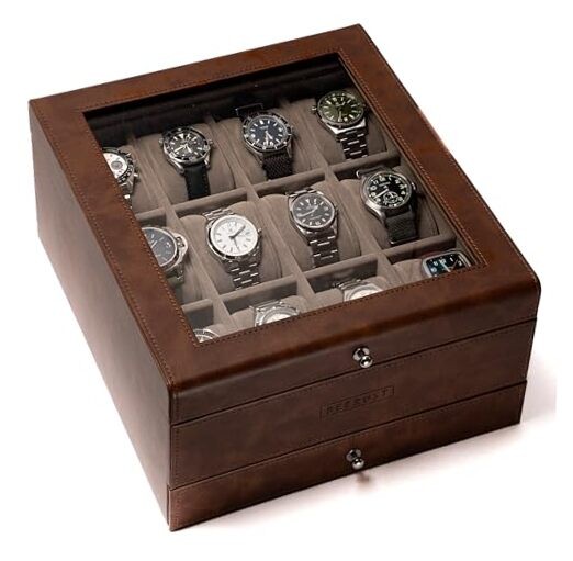 12-Slot Leather Watch Organizer with Valet Drawer for Men