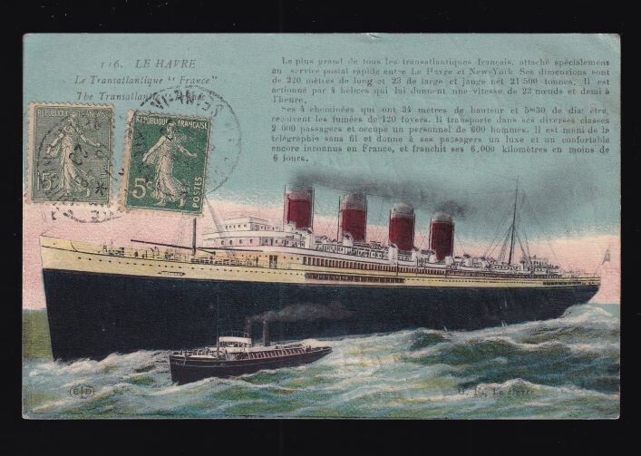 1920s SS France Vintage Postcard by Compagnie Generale Transatlantique