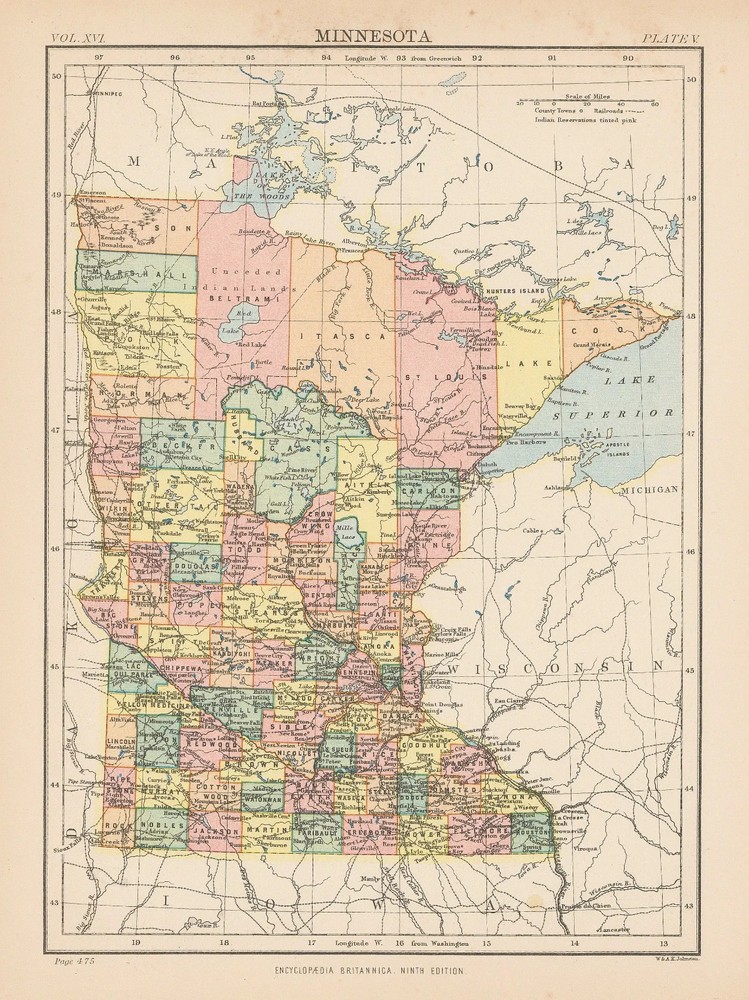 Map Of Minnesota USA 1880 Vintage Historic Map Poster Print