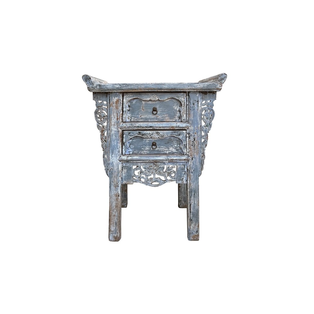 Distressed Pale Blue Grey 2-Drawer Carved Motif End Table Nightstand WS4436