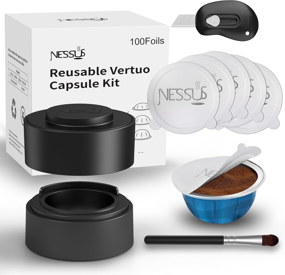 Nessus Reusable Nespresso Vertuo Kit 100 Foil Lids Holder Brush Refillable Pods