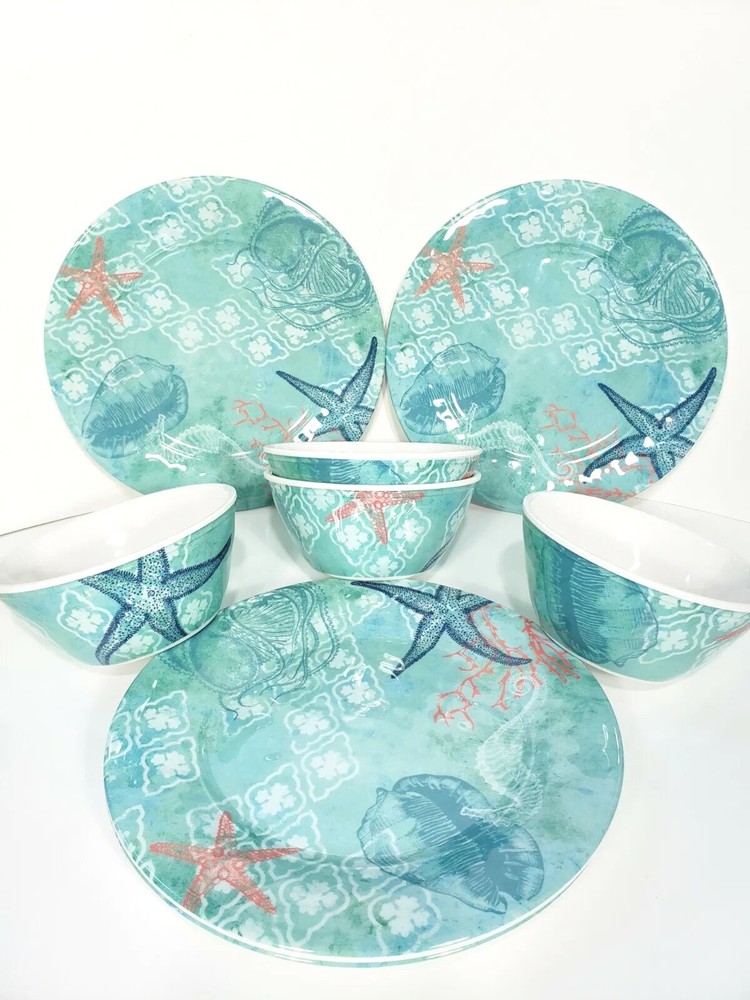 Sigred Olsen Melamine Dinner Plates & Bowls 8pc Sea Life Ocean Marine