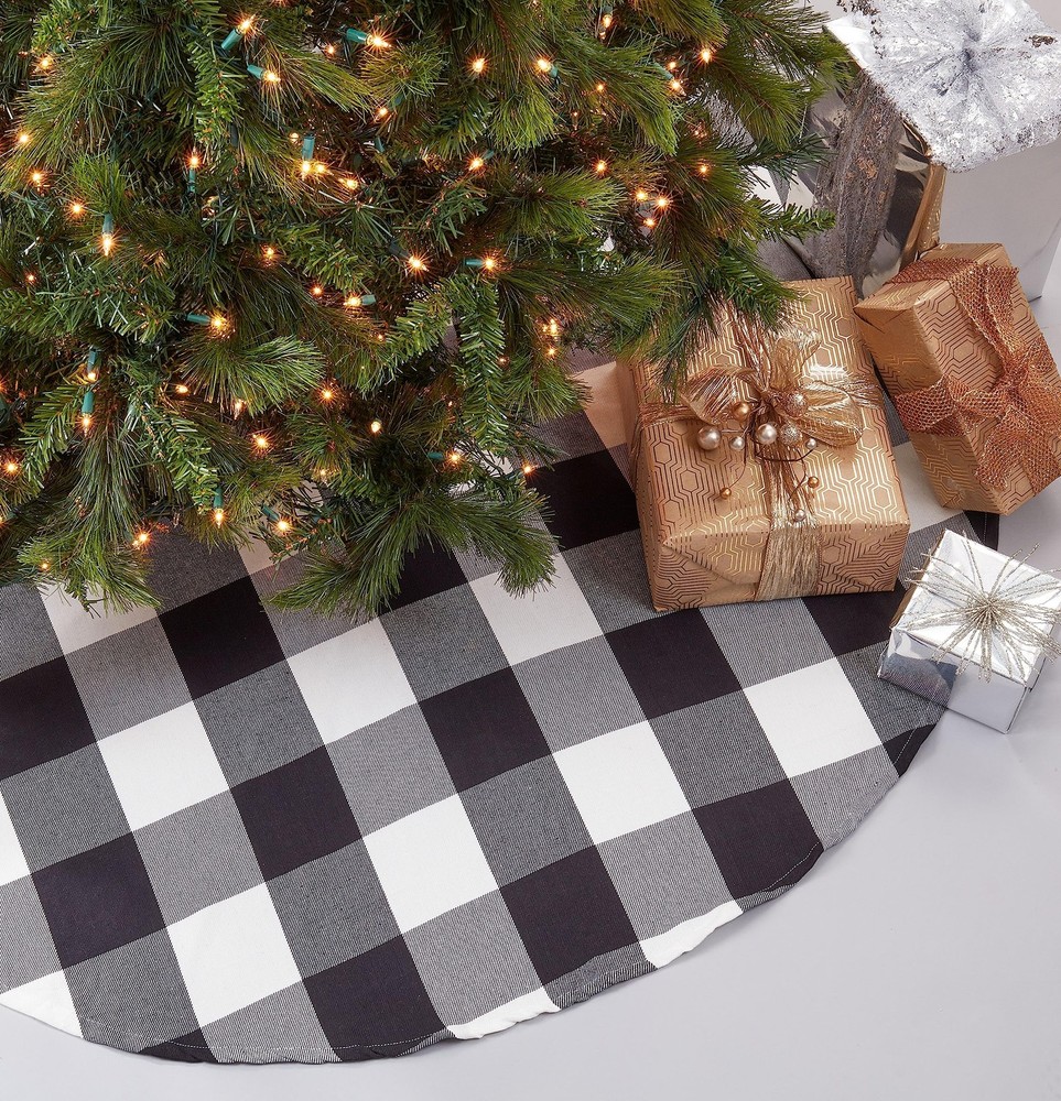 Buffalo Plaid Design Cotton Christmas Tree Skirt, Black, 72