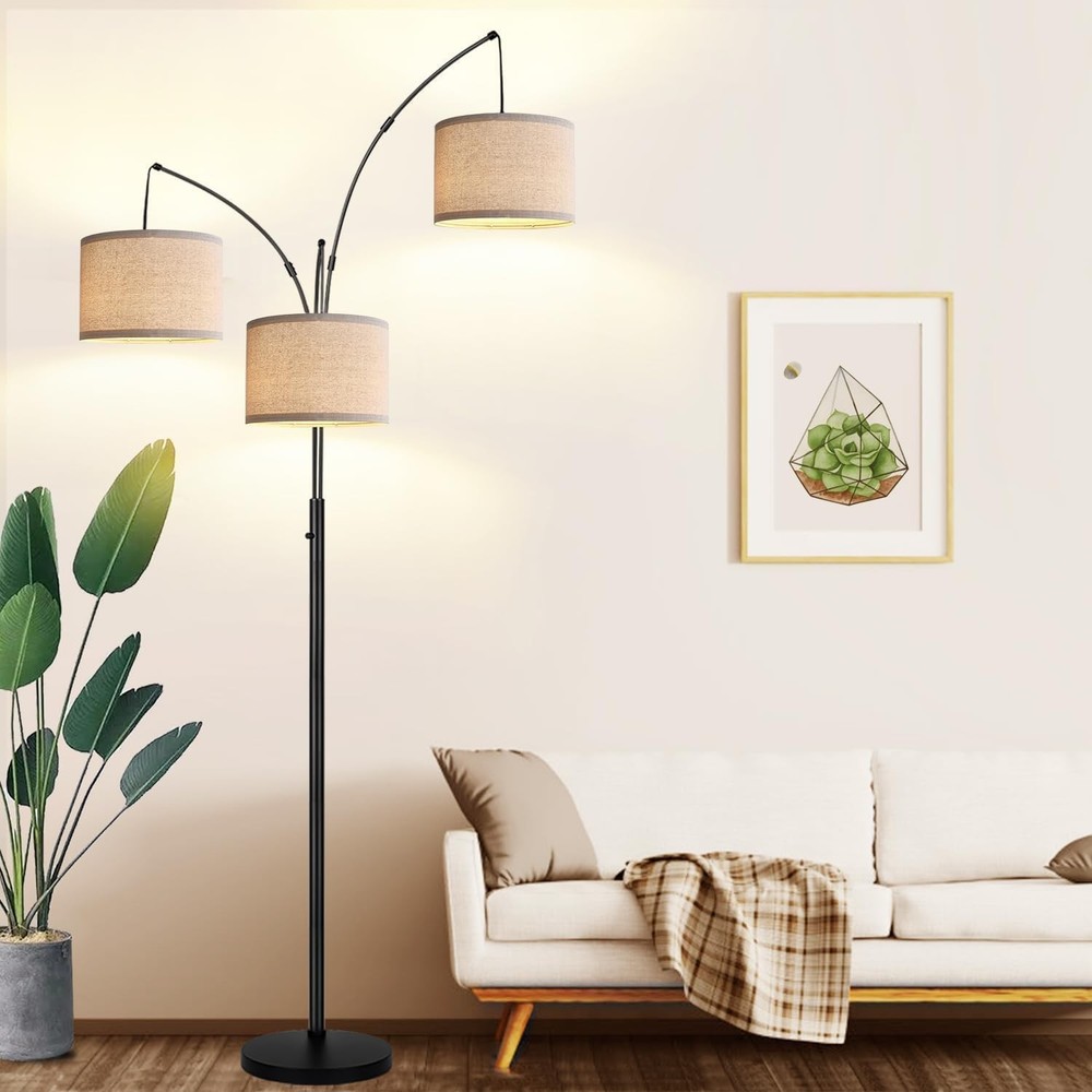Dimmable Floor Lamp - 3 Lights Arc Floor Lamps With Beige Shades & Heavy Base