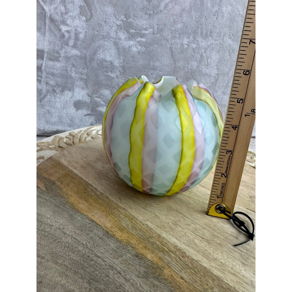 Art Glass Rose Bowl Striped Pastel Yellow Pink Blue Satin Diamond Optic 4.5in
