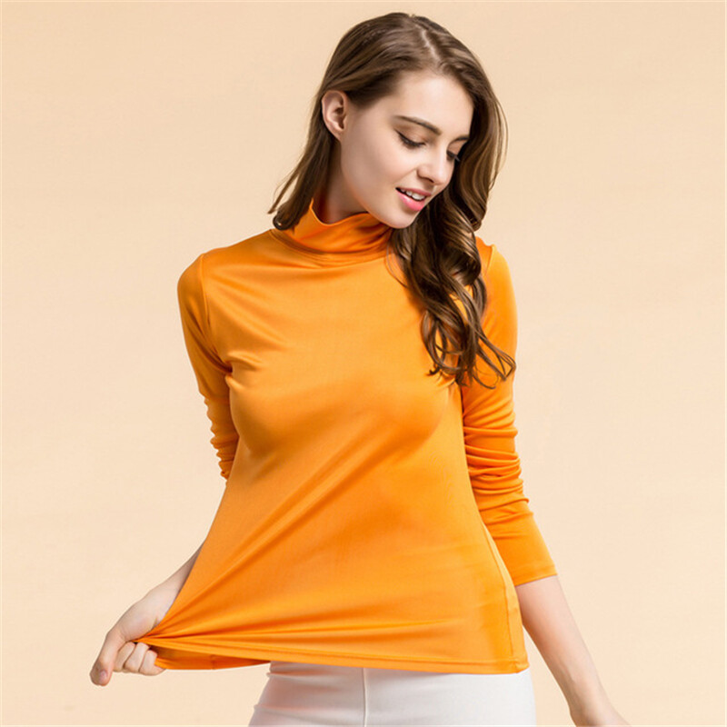 Womens 100% Mulberry Silk Knitted High Neck T Shirt Undershirt Long Sleeve Top