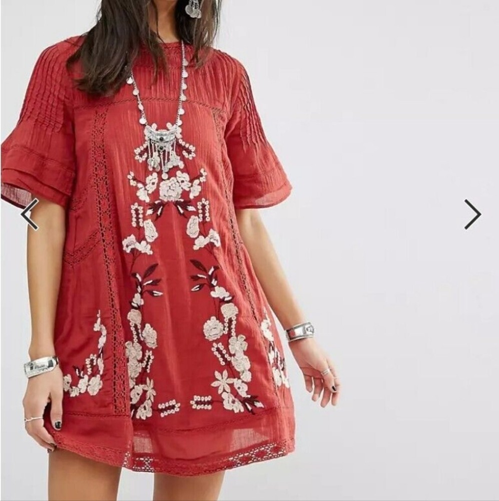 Free People Perfectly Victorian Embroidered Dress Sz M Rust Relaxed Cottagecore