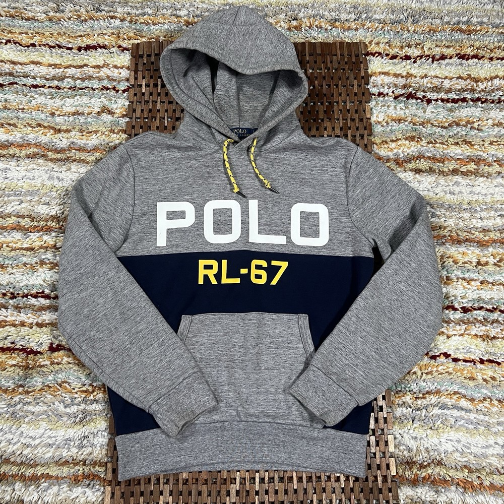Polo Ralph Lauren RL-67 Graphic Print Color Block Hoodie Hoody Grey Blue Small S