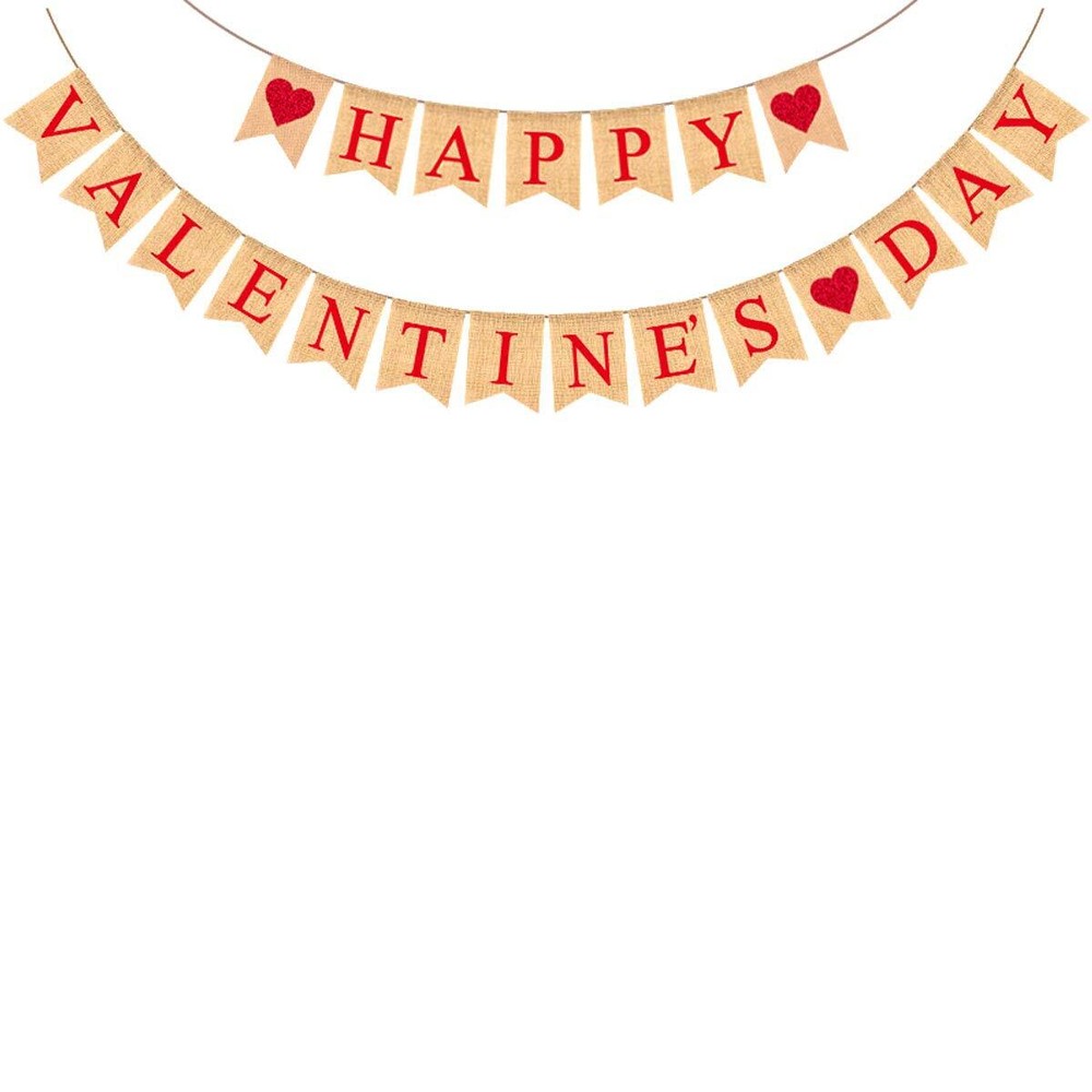 Happy Valentines Day Banner Valentine’s Day Decorations Glitter Heart Burlap ...