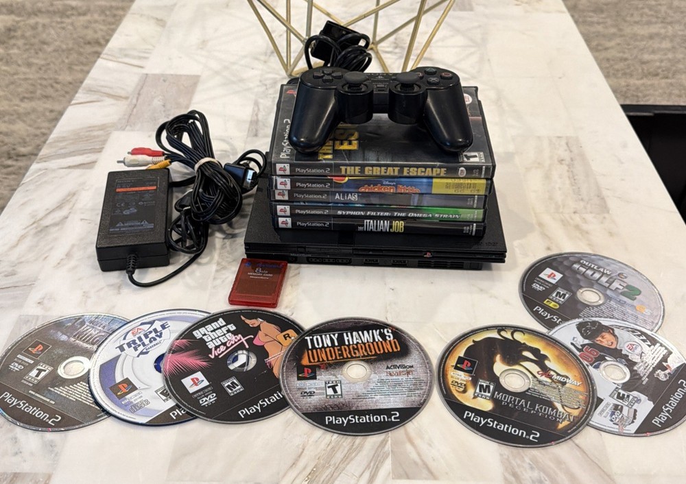 Sony PlayStation 2 PS2 Slim Console OEM Controllers 12 Games + Memory Card