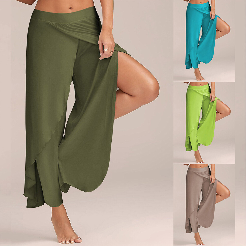 Cotton Linen Women’s Yoga Harem Pants Side Split Wide Leg Gym Trousers Plus Size