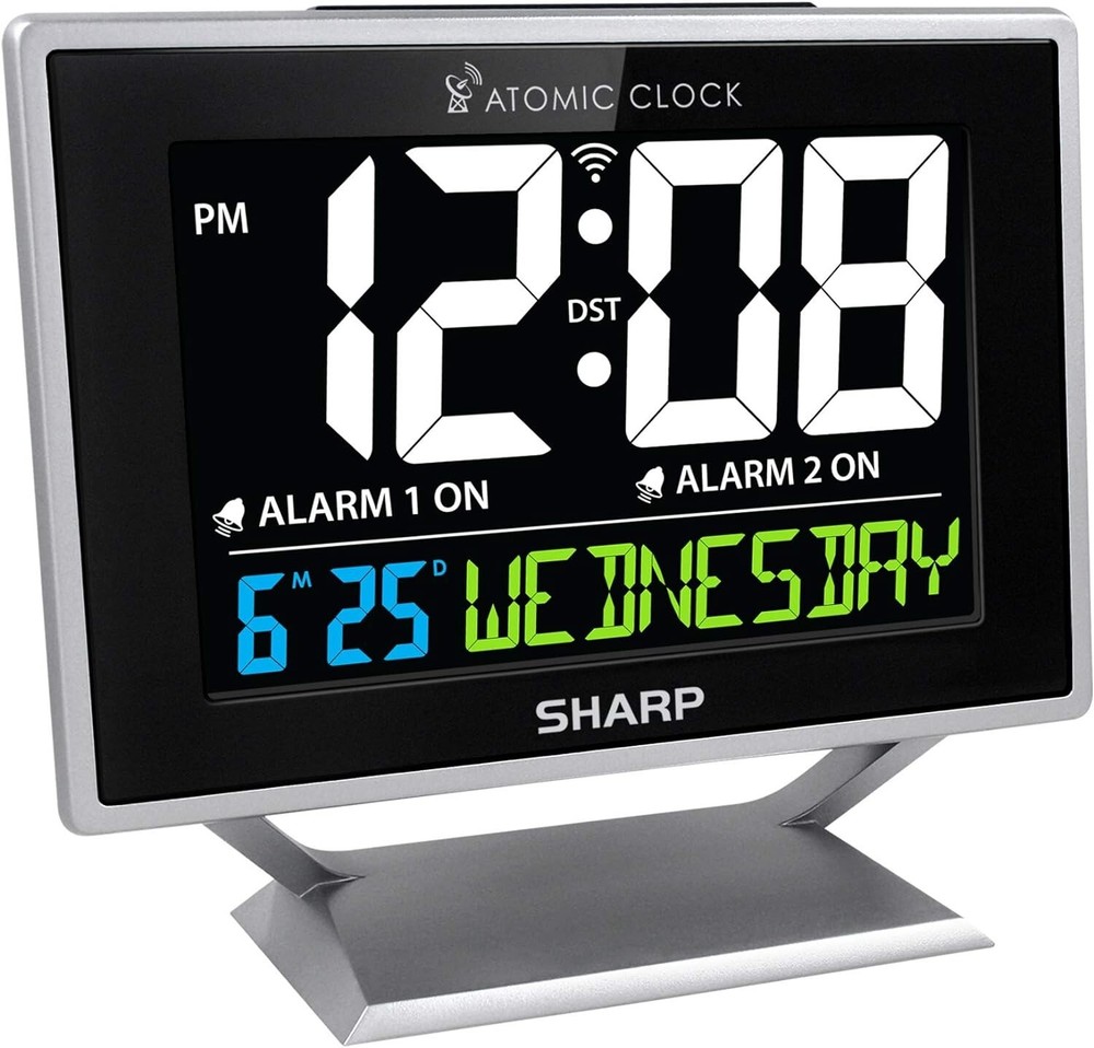 Sharp Desktop Dual Alarm Clock with Color Display - Atomic Accuracy - Silver