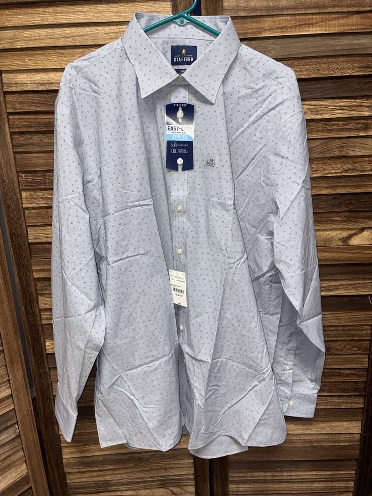 NWT Stafford Mens 18 36-37 Blue Easy Care Broadcloth Stretch Comfort Dress Shirt