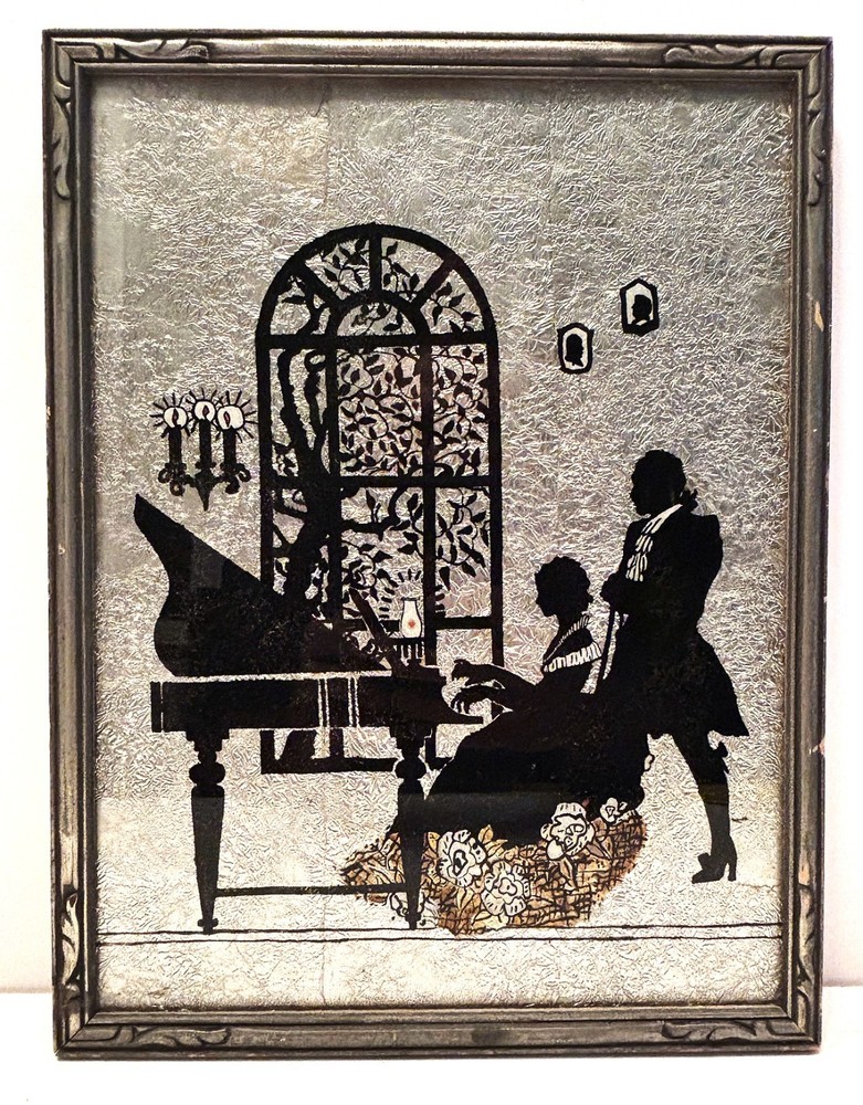 1930’s Painted Silhouette on Glass Victorian Couple Playing the Piano