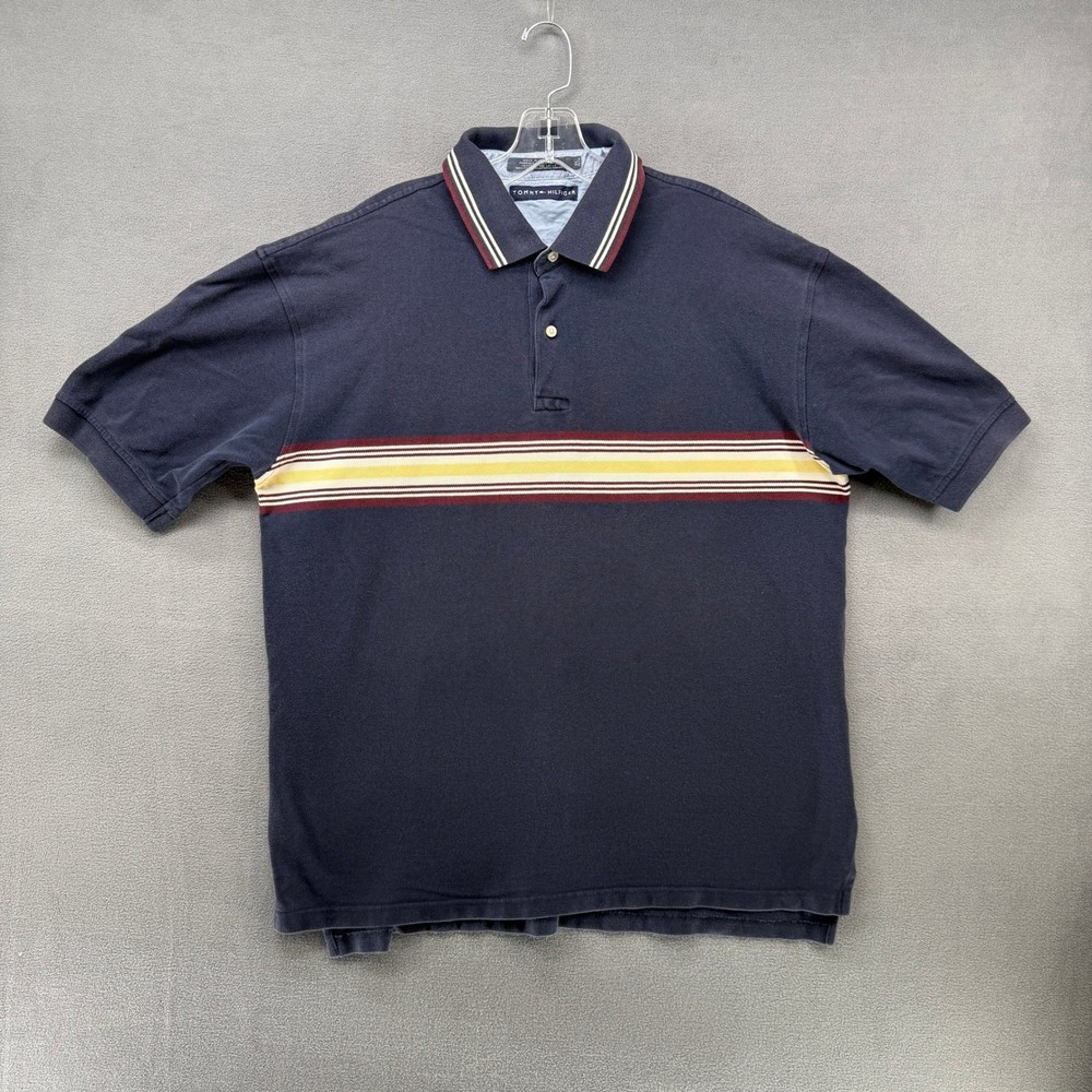 Tommy Hilfiger Men's Navy Blue Short Sleeve Polo Shirt Striped Accent Size XL