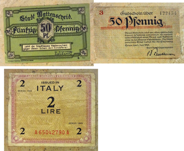 2 German Local Banknotes Voucher + 1 Italy 1943 Allied Military 2 Lire Currency-image