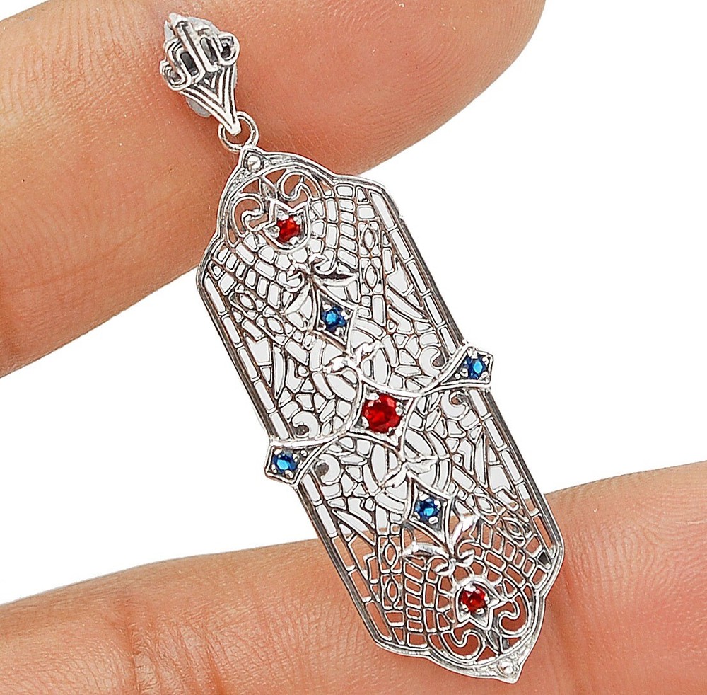 Fire Garnet & Sapphire 925 Sterling Silver Victorian Style Pendant AB1175