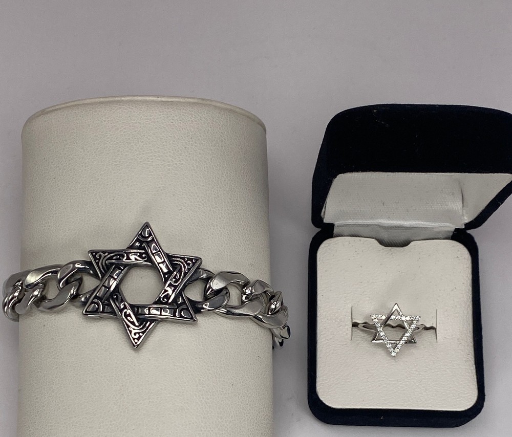 Star Of David Sterling Silver 925 CZ Ring 6 Chunky Chain Bracelet Set Hanukkah