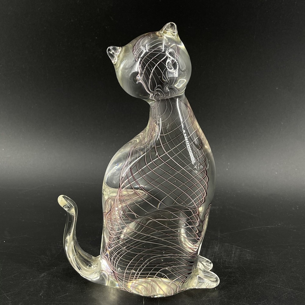 Vintage Lenox Fine Crystal Purple Swirl Striped Art Glass Cat Figurine Statue