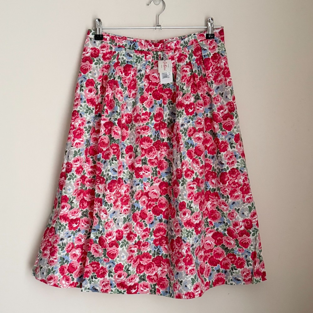 Cath Kidston Sateen Skirt UK Size 10 Knee Length Floral Cotton Pink Rose Print