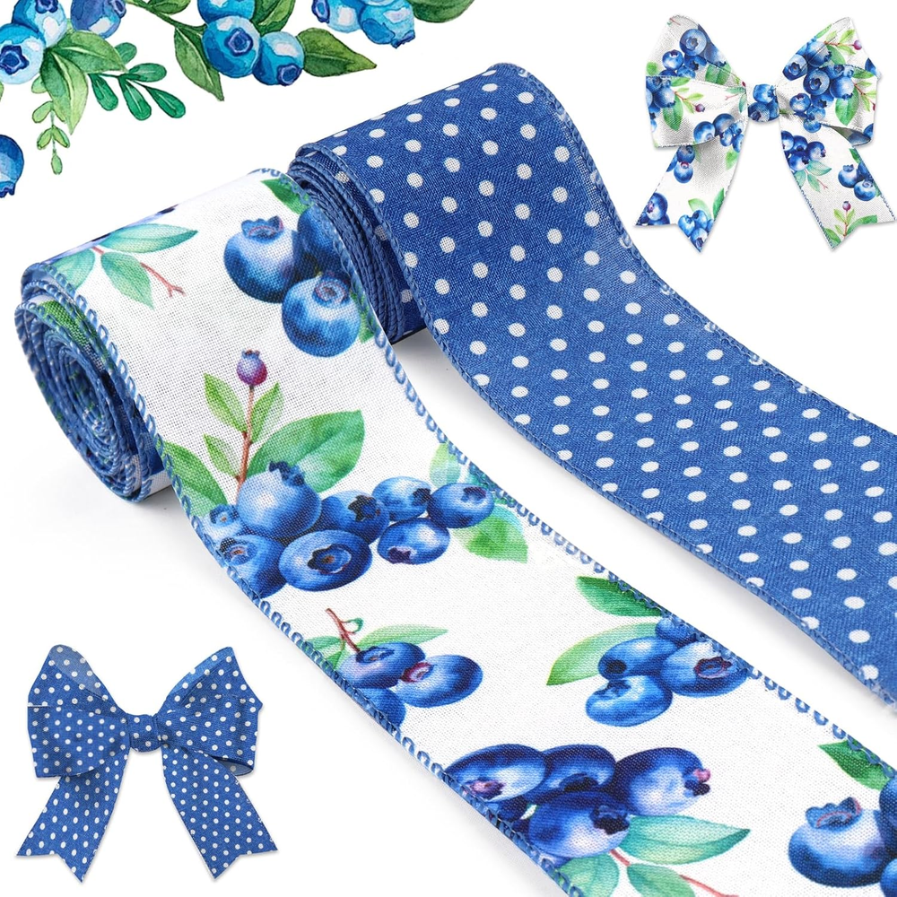 Summer Blueberry Burlap Wired Ribbon with Floral Fruit Design