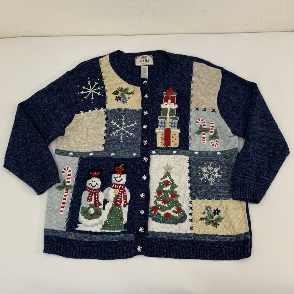 VTG Tiara Christmas Cardigan Sweater 2X Navy Crochet Knit Holiday Snowflake Grandma Style