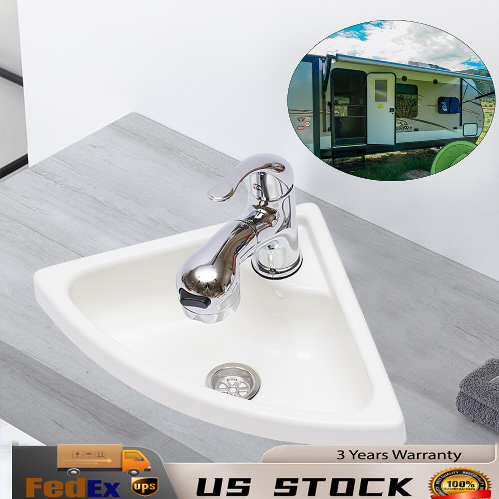 Boat Caravan Rv Camper Corner Vanity Sink White with Faucet Drain and Hose Kit