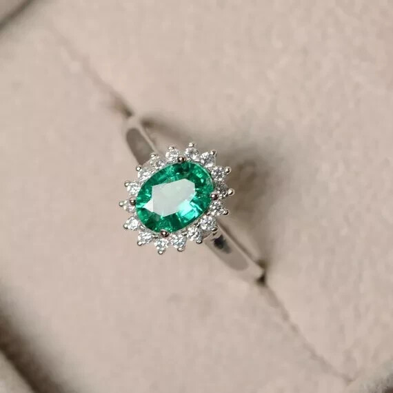 2.00 Ct Oval Cut Natural Emerald & Diamond Engagement Ring 14K White Gold Solid