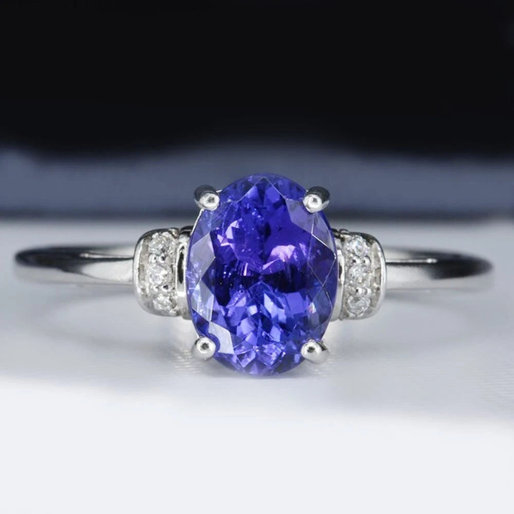 3.95 Ct Oval Cut Natural Tanzanite & Diamond Ring Real 100% 14k SOLID White Gold