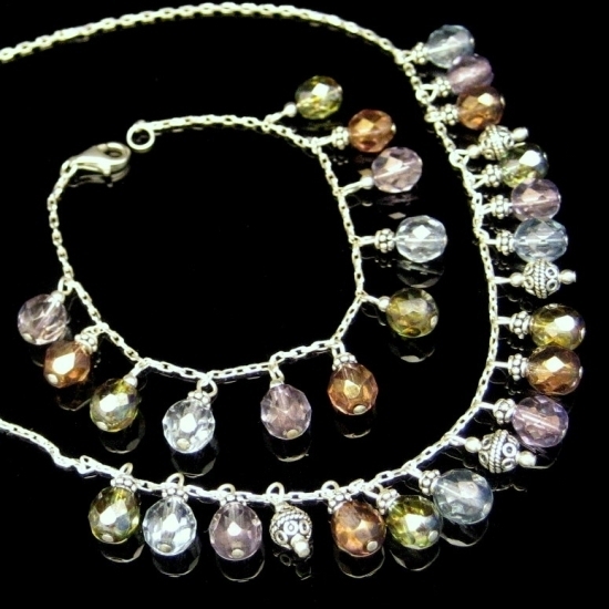 Sterling Silver Crystal Dangle Bali Beads Necklace Bracelet Set Beautiful NEW