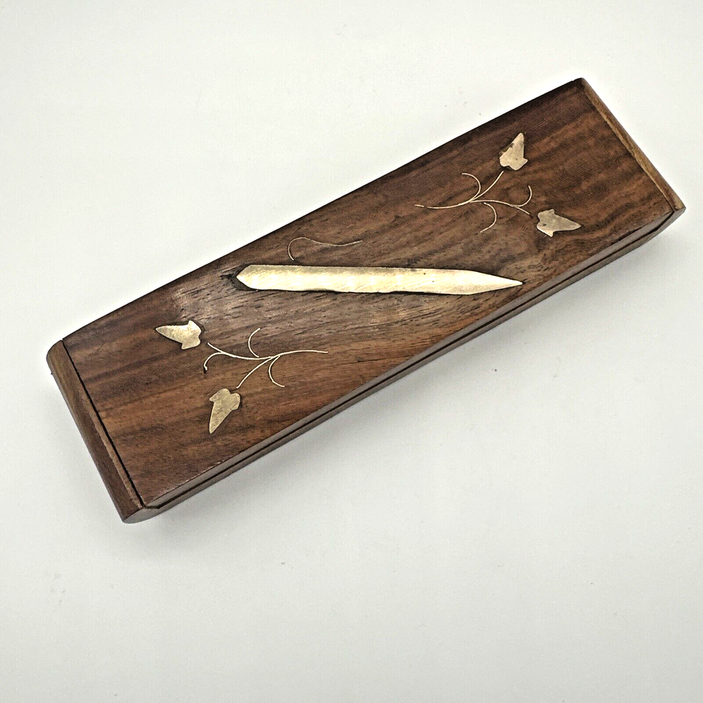 VTG Hand Carved Wooden Quill Pencil Box Brass Inlay Leaves Pen Made in India