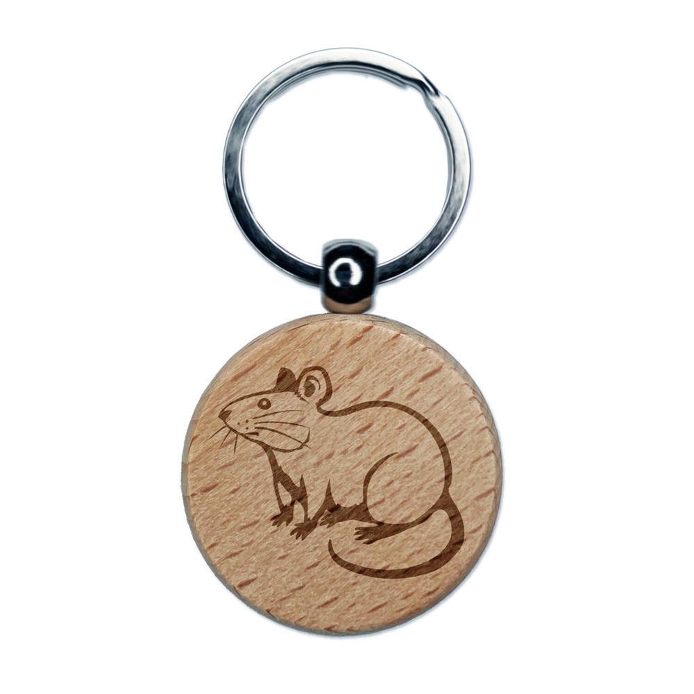 Curious Rat Rodent Engraved Wood Round Keychain Tag Charm