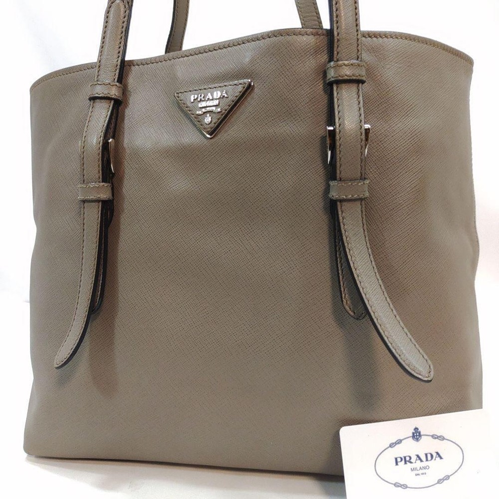 Prada Saffiano Leather Tote Bag in Gray Beige Shoulder Bag with Japan Certificate