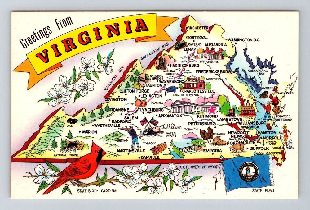 VA-Virginia, Scenic Greetings Map Landmarks, Vintage Postcard