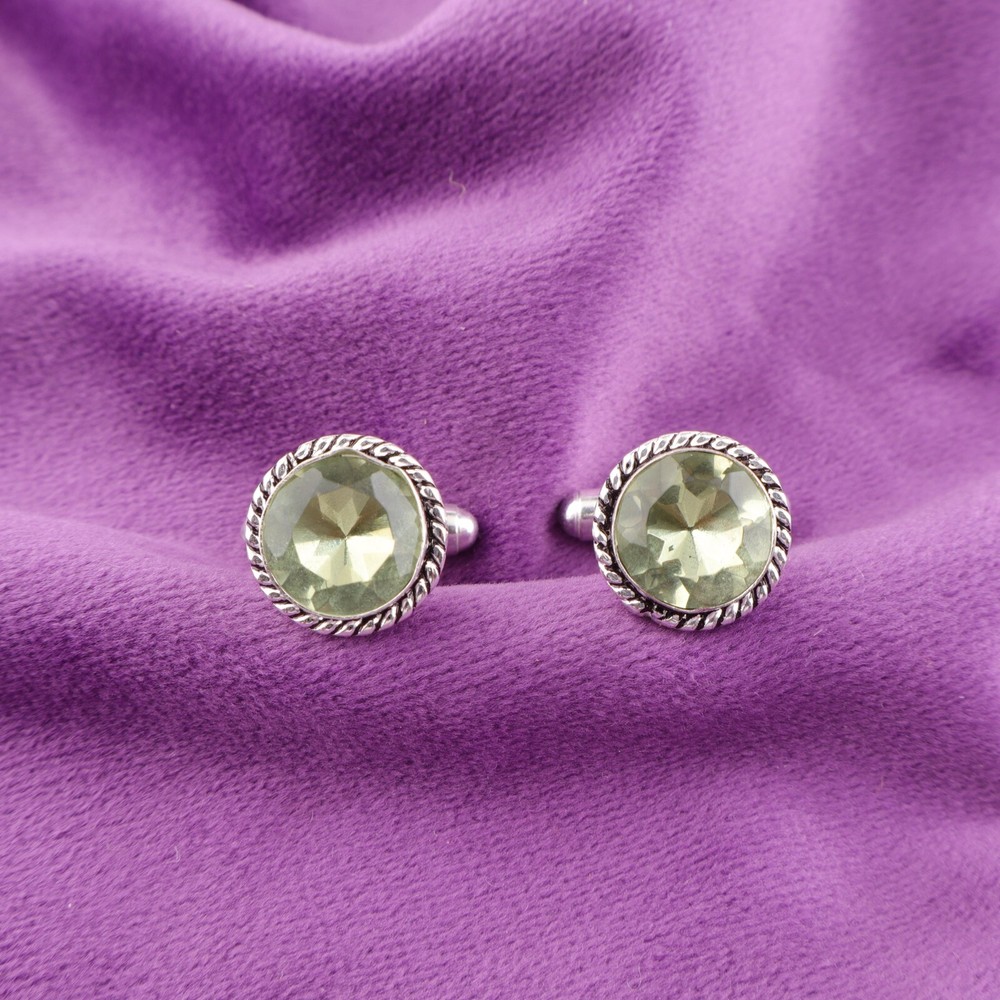 925 Silver Green Amethyst Gemstone Grooms Statement Birthday Cufflinks Jewelry